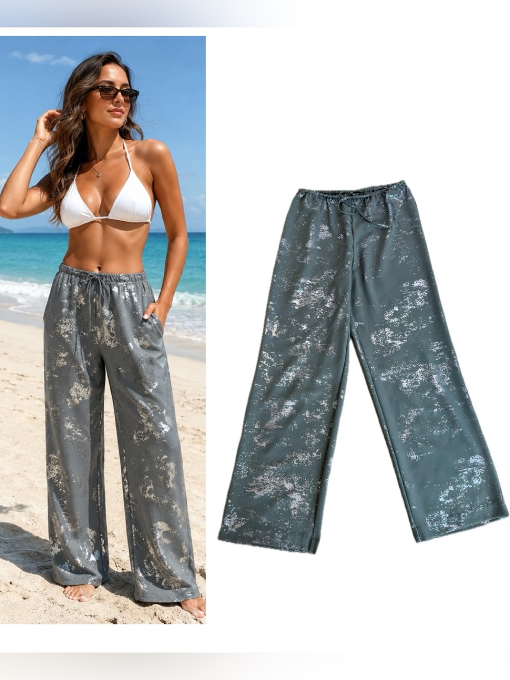 Zara Metallic Silver Print Wide Leg Drawstring Pants Gray Size S NWOT